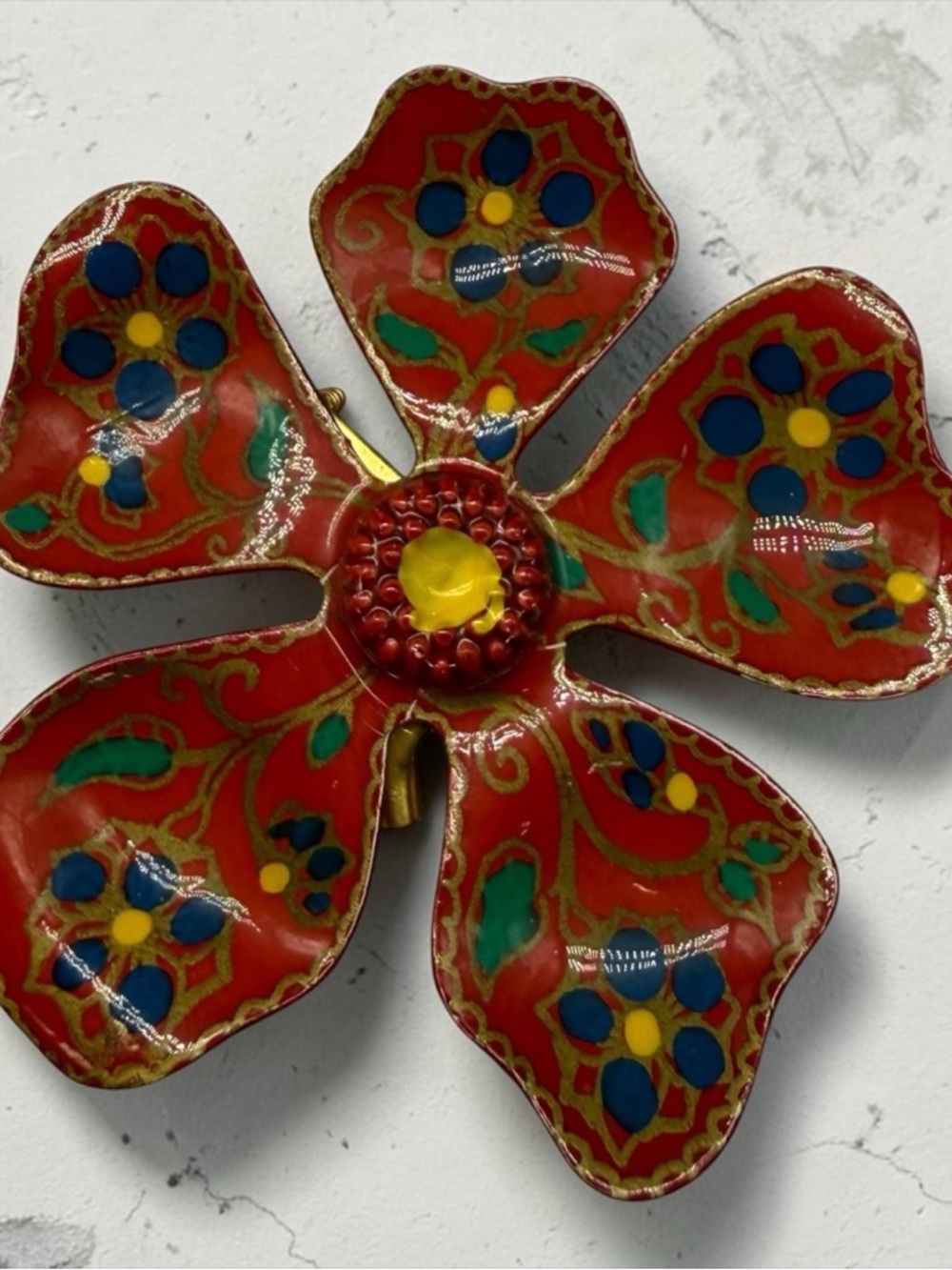 West Germany Metal Hand Painted Flower Enamel Pin Brooch Red 1960s Mod Hippie